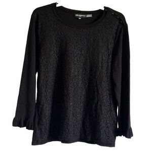 Karl Lagerfeld Paris Womens Lace Detail Pullover Top LG Black Ruffle Sleeve